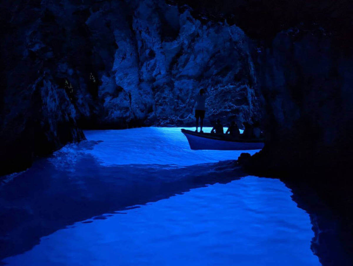 Inside view of the Blue Cave on a small group speedboat tour from Split